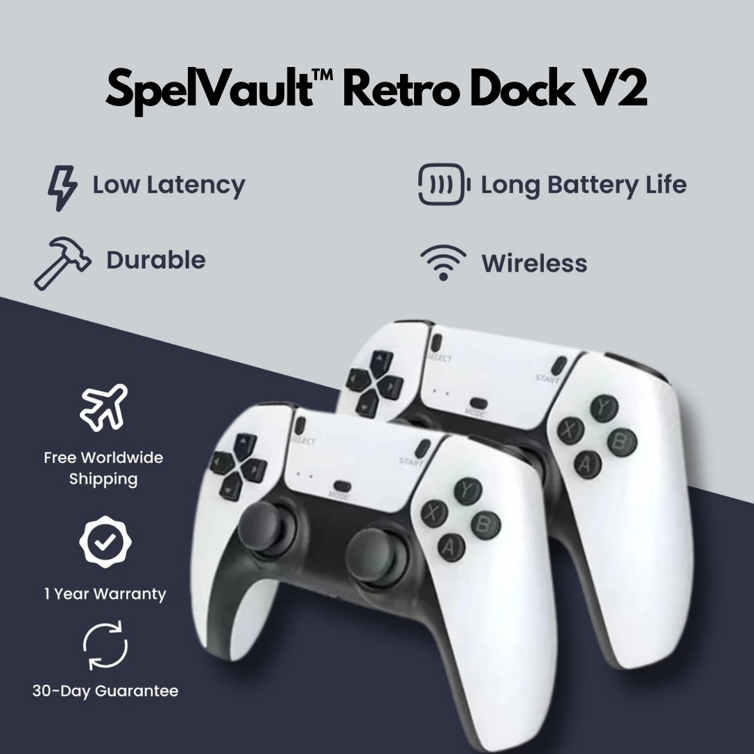 SpelVault™ Retro Dock V2 | 20,000+ Klassiska Spel + 2 GRATIS Handkontroller!